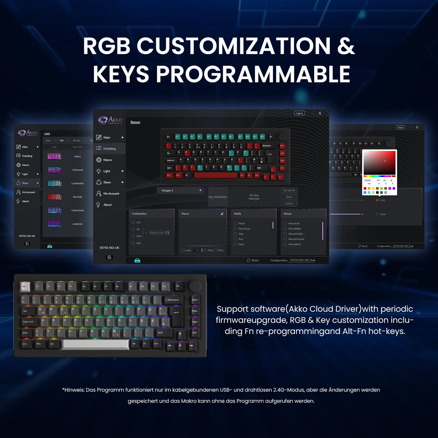 Akko 5075B Plus 75% Mechanical Gaming Keyboard Black & Silver ISO-UK Hot Swap Side LED RGB Multi-Modes 2.4GHz /USB Type-C/BT 5.0