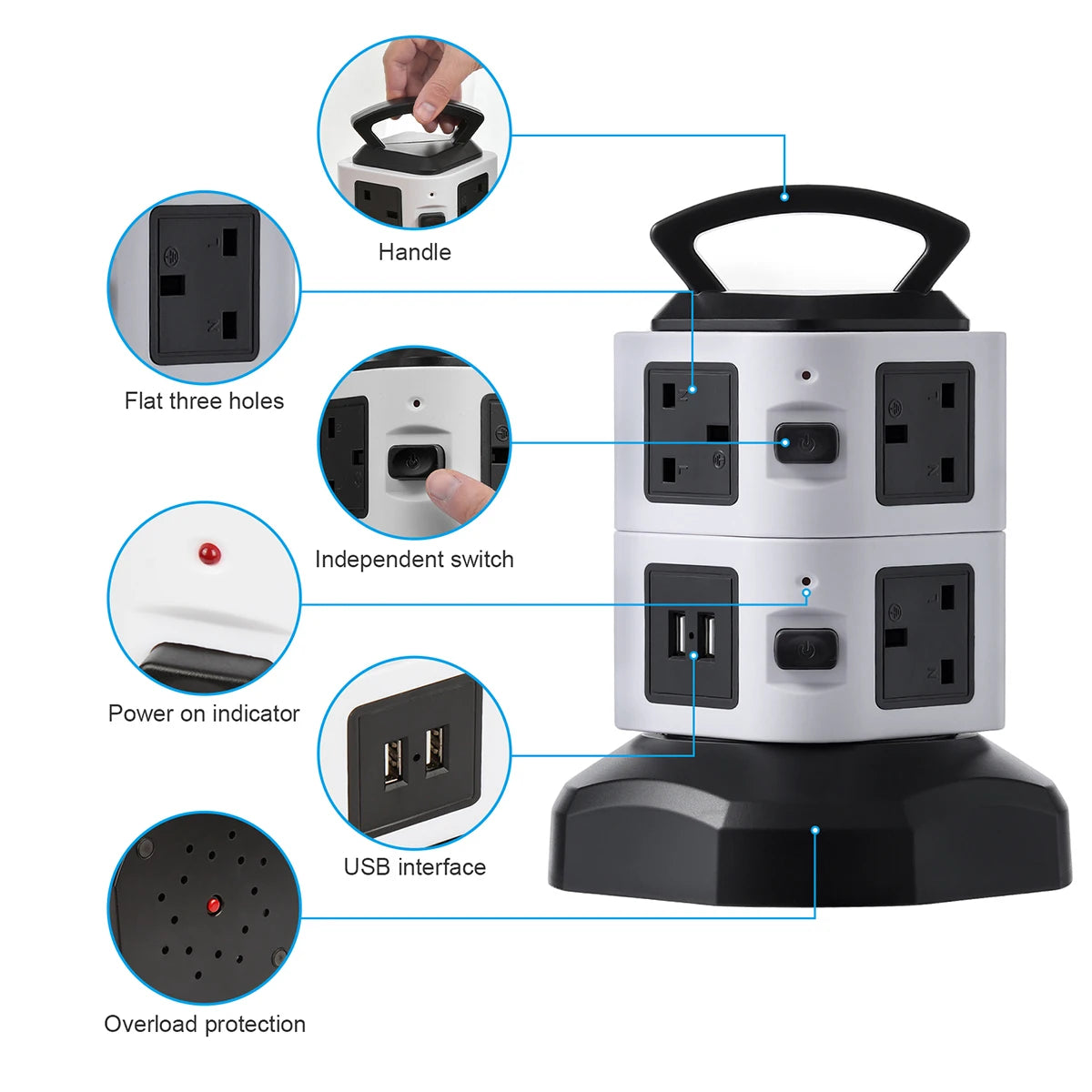Vertical Power Strip Tower – 7/11/15 Outlets with USB & Surge Protection