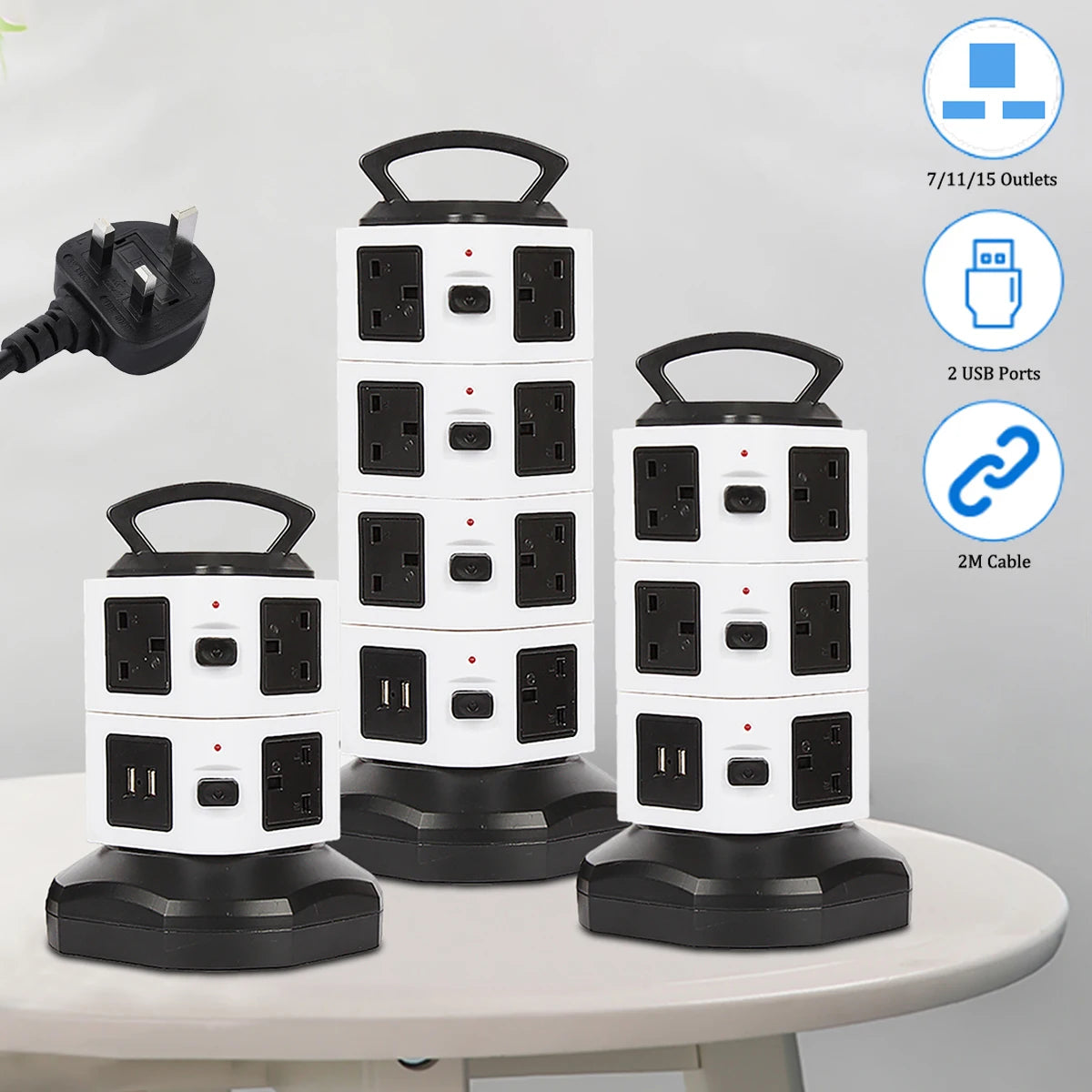 Vertical Power Strip Tower – 7/11/15 Outlets with USB & Surge Protection