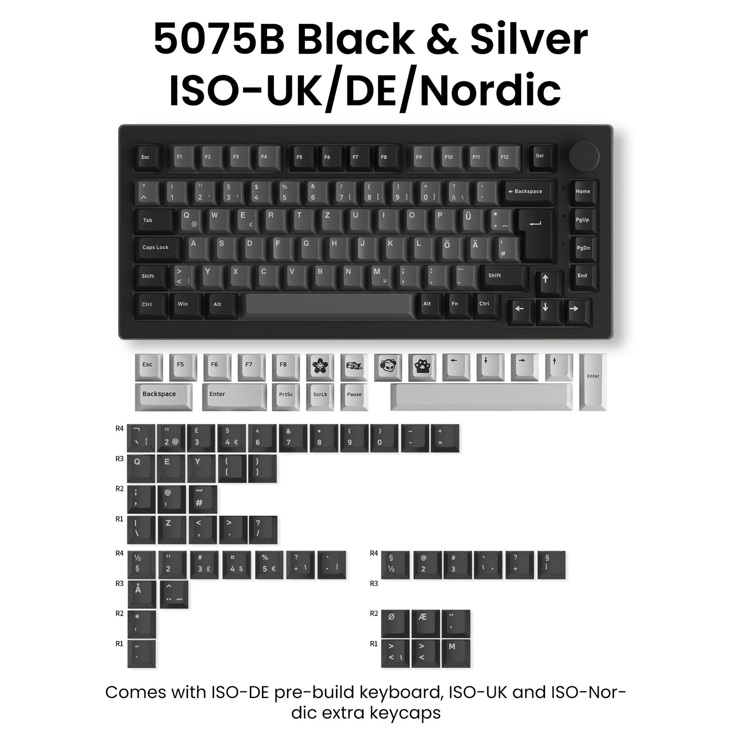 Akko 5075B Plus 75% Mechanical Gaming Keyboard Black & Silver ISO-UK Hot Swap Side LED RGB Multi-Modes 2.4GHz /USB Type-C/BT 5.0