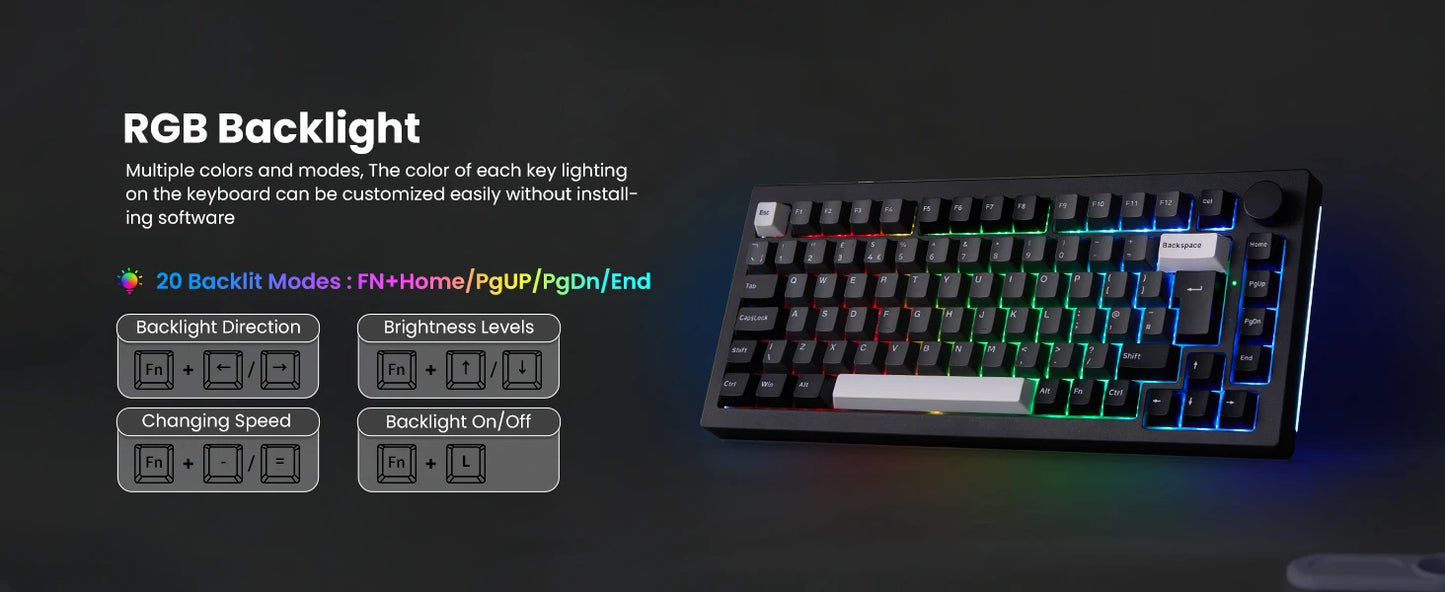 Akko 5075B Plus 75% Mechanical Gaming Keyboard Black & Silver ISO-UK Hot Swap Side LED RGB Multi-Modes 2.4GHz /USB Type-C/BT 5.0