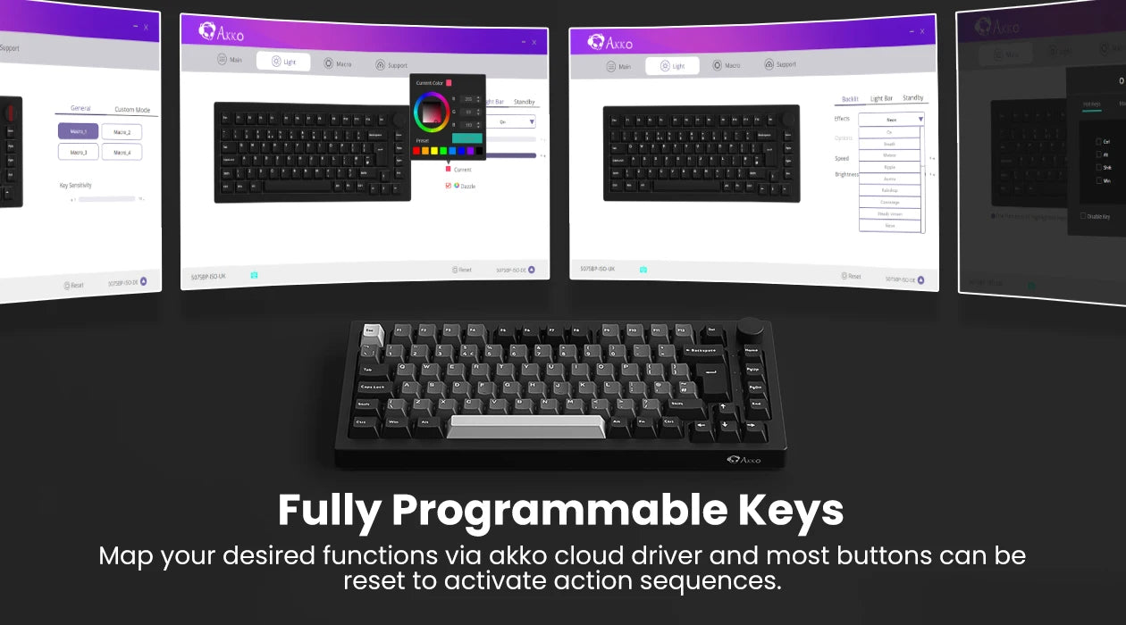 Akko 5075B Plus 75% Mechanical Gaming Keyboard Black & Silver ISO-UK Hot Swap Side LED RGB Multi-Modes 2.4GHz /USB Type-C/BT 5.0