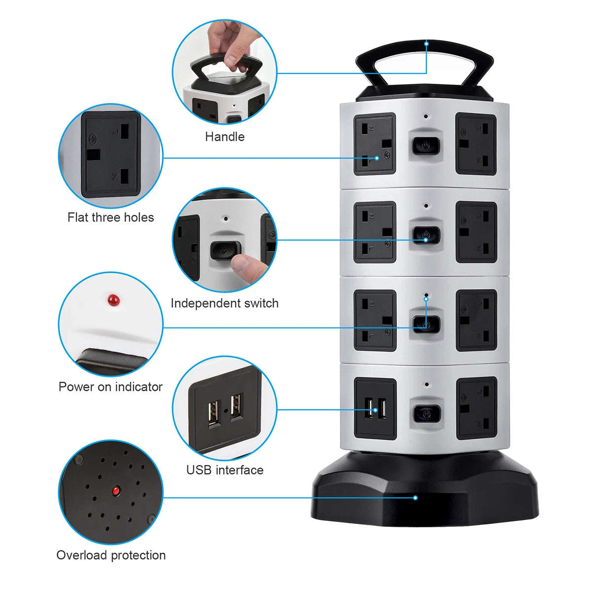 Vertical Power Strip Tower – 7/11/15 Outlets with USB & Surge Protection