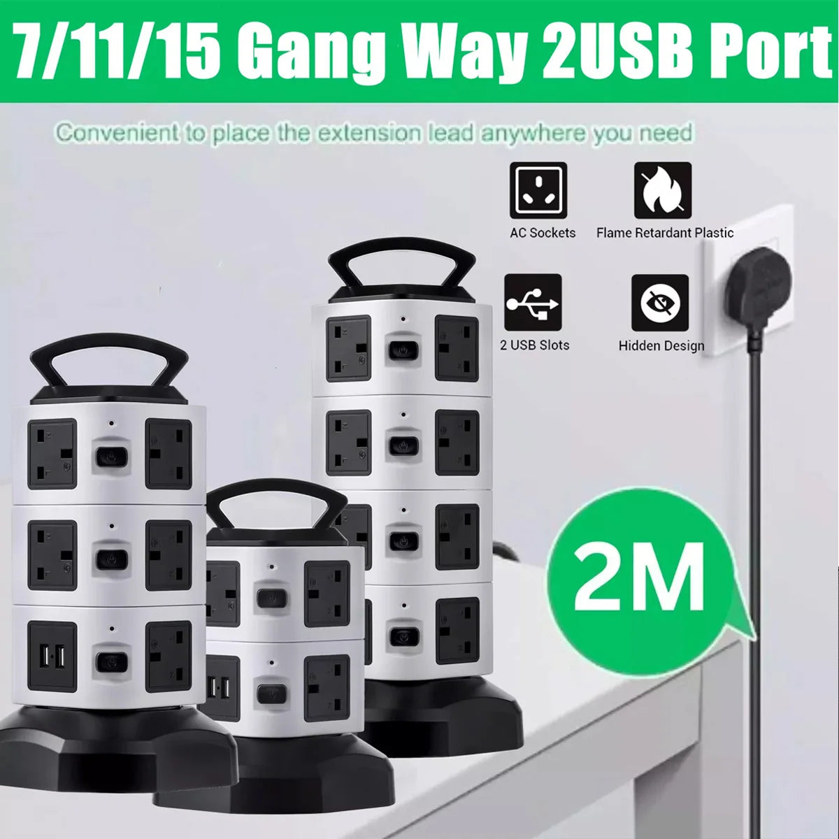 Vertical Power Strip Tower – 7/11/15 Outlets with USB & Surge Protection