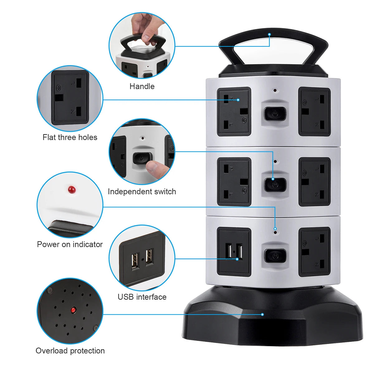 Vertical Power Strip Tower – 7/11/15 Outlets with USB & Surge Protection