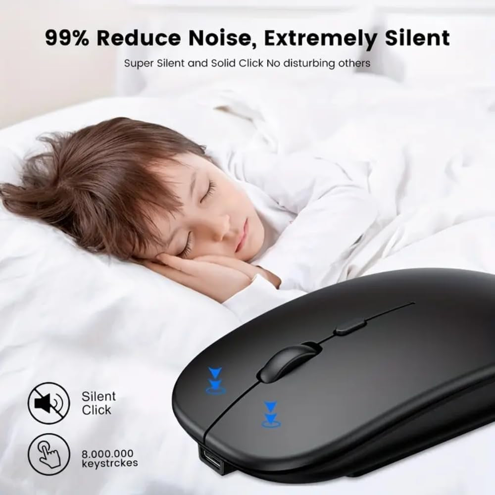 Ultra Thin Black 2.4Ghz Wireless Rechargeable Scroll Wheel Silent Optical Cordless Mouse for Computer PC Laptop Tablets Premium Slim Silent Mice for Gaming Travel Office Work with USB Adapter