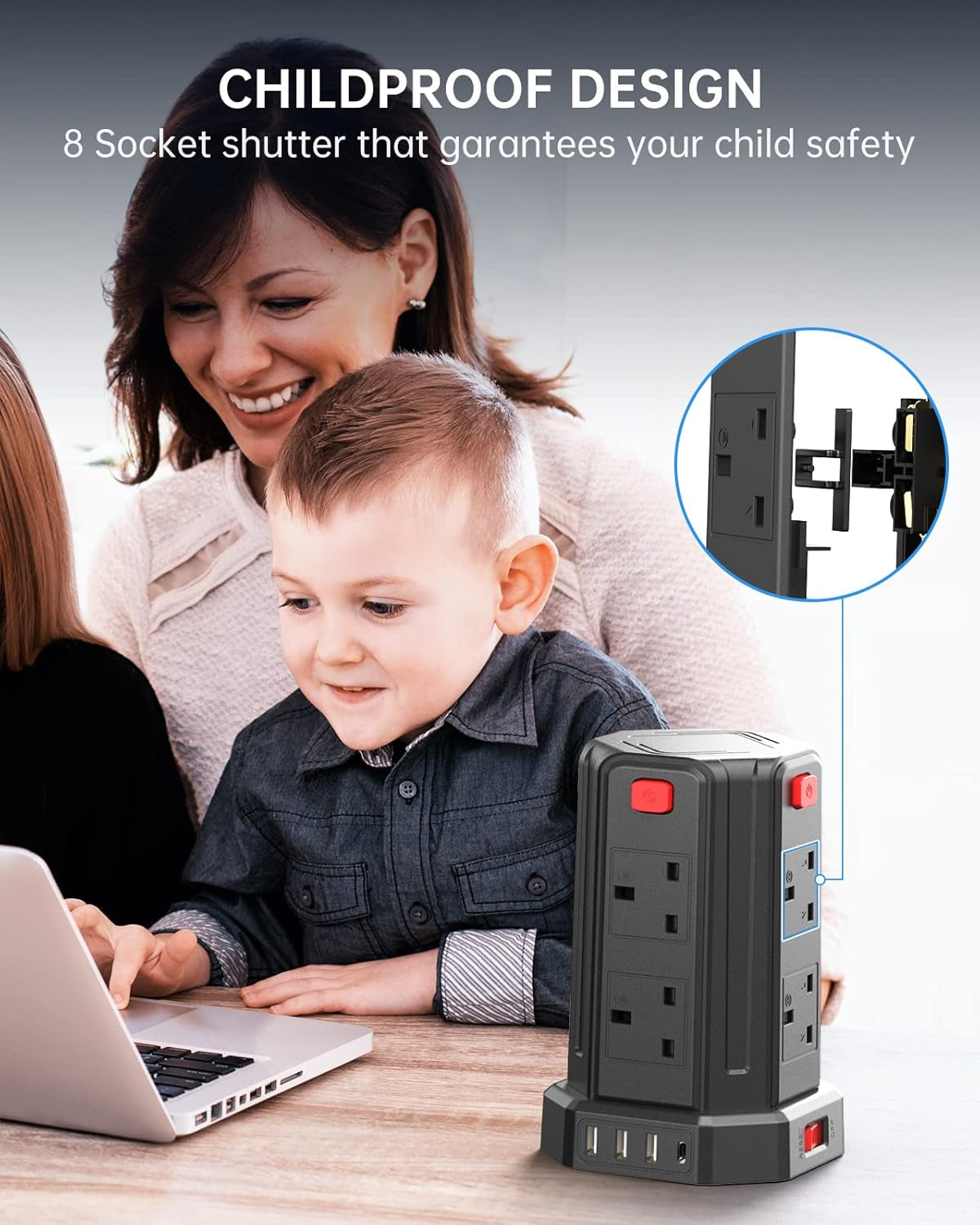 Tower Extension Lead 2M, (13A 3250W) 4 USB Ports and 8 Way Extension Tower, Surge Protection Extension Lead with 4 Independent Control Switch, Extension Cable for Home, Office, Kitchen