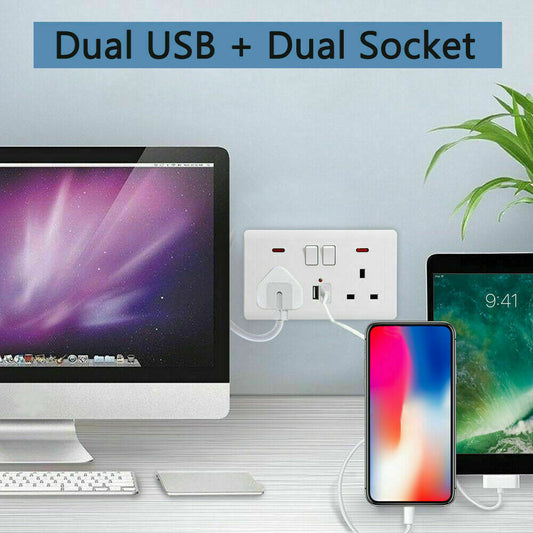 Double Wall Plug Socket – 2 Gang 13A with 2 USB Charger Outlets (UK Standard)