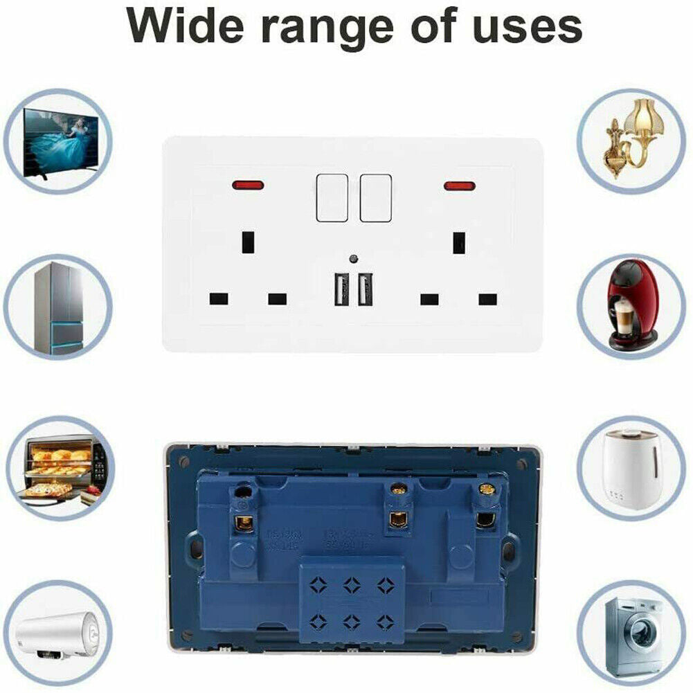 Double Wall Plug Socket – 2 Gang 13A with 2 USB Charger Outlets (UK Standard)